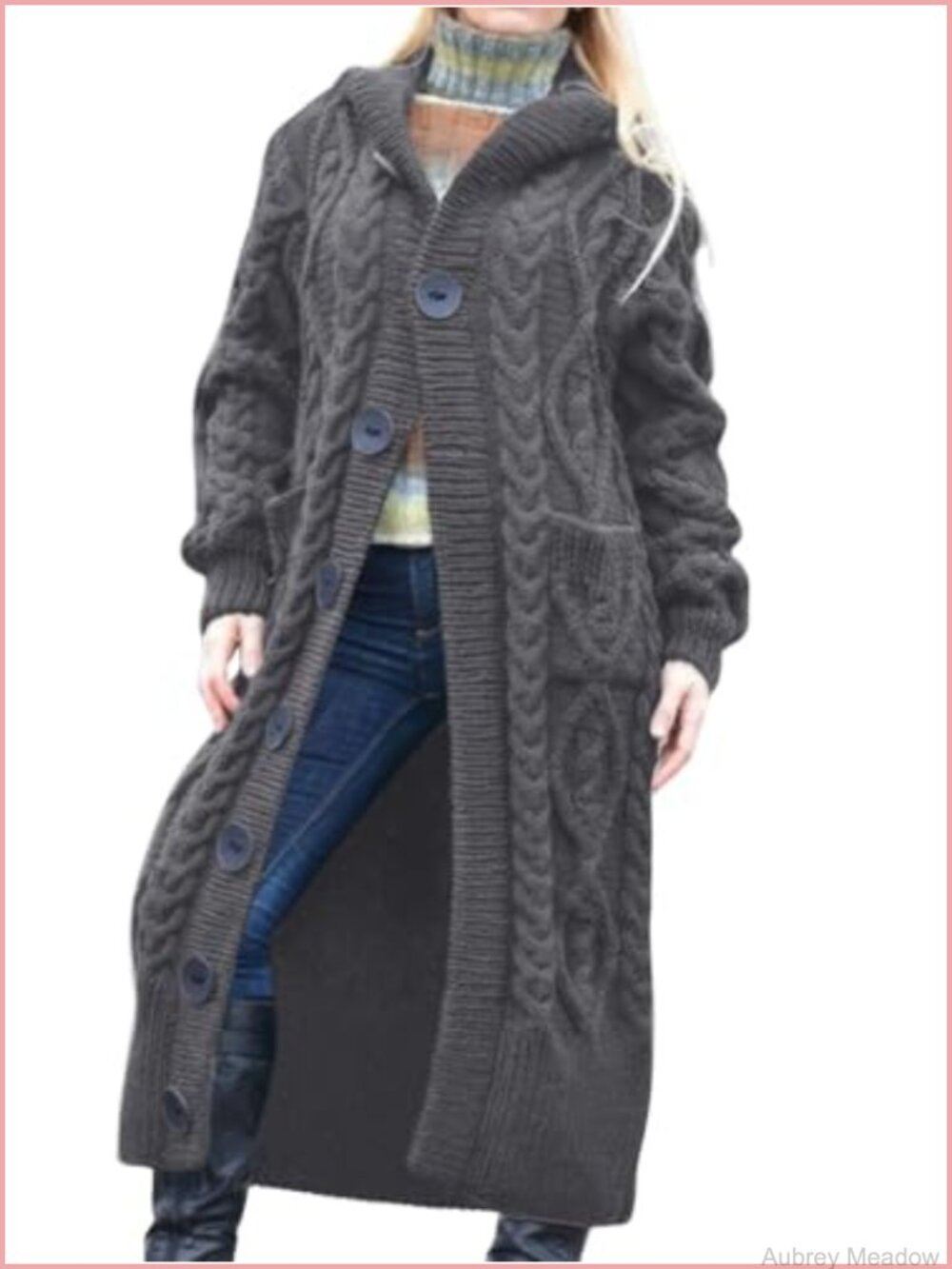 Women's Long Sleeve Hooded Cable Knit Cardigan Duster Coat with Pockets